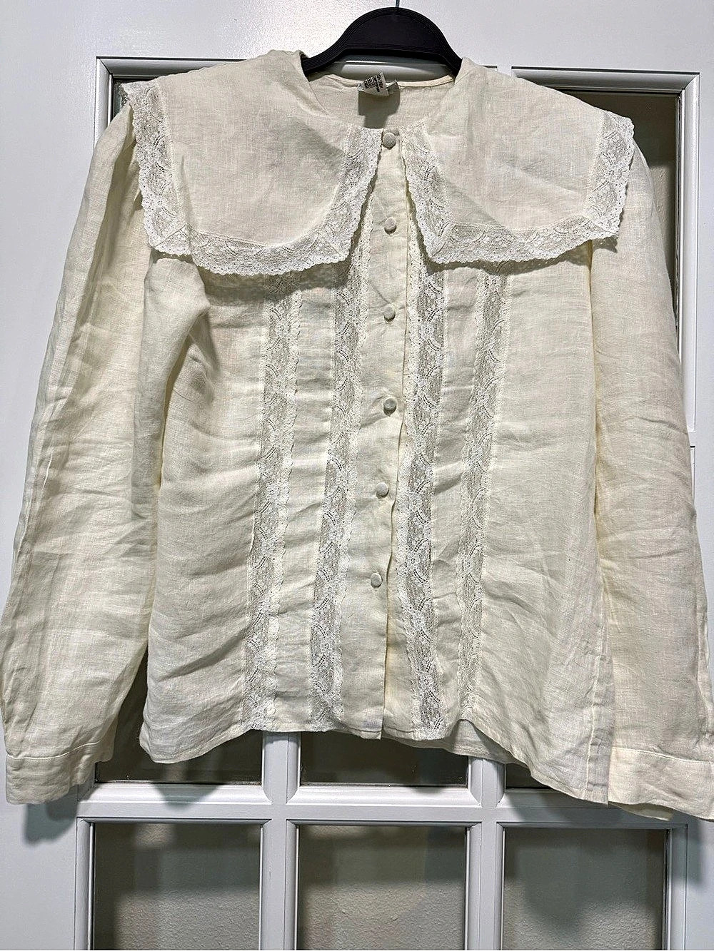 VTG - Ramsay of Dublin Linen Woven Lace Collared Button-Up Blouse Ivory